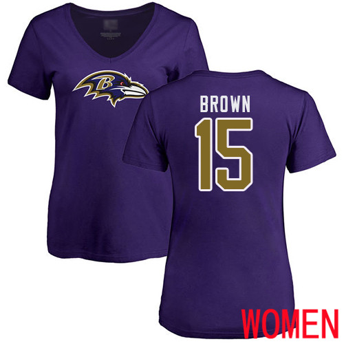 Baltimore Ravens Purple Women Marquise Brown Name and Number Logo NFL Football #15 T Shirt->nfl t-shirts->Sports Accessory